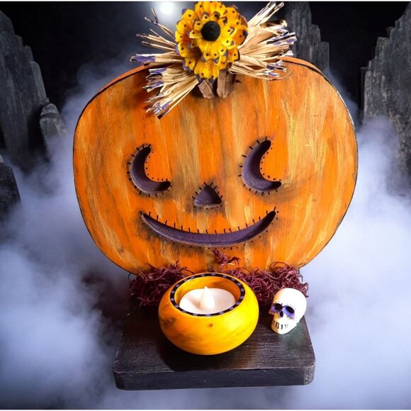 Handmade Halloween Wooden Pumpkin Tea Light Holder With Skull & Faux Candle Tabl - Picture 1 of 13